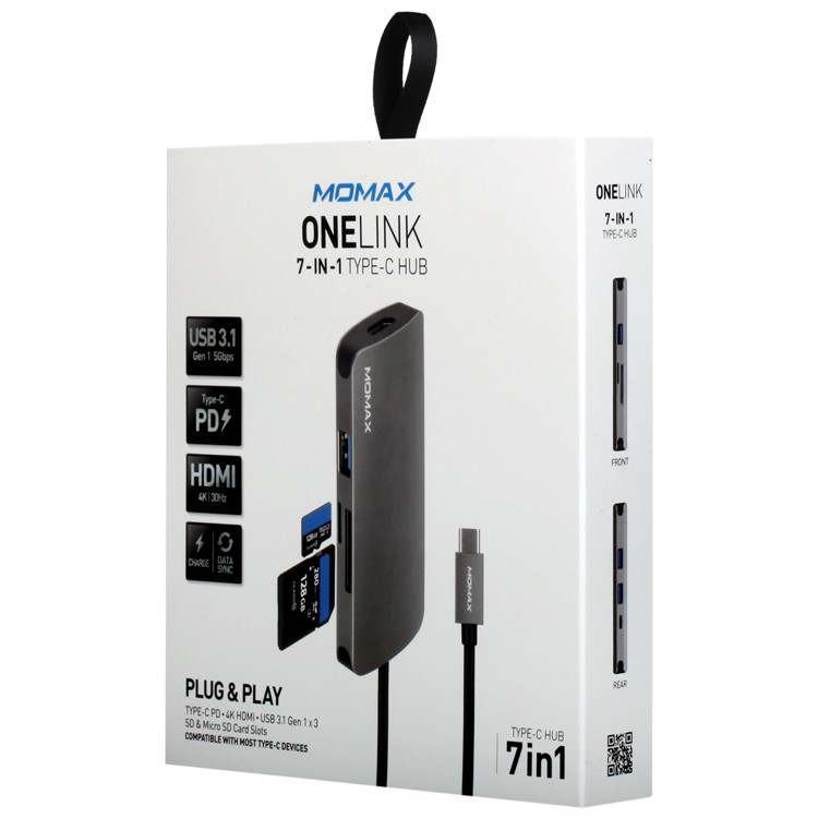 MOMAX One Link 7-in-1 Type-C Hub with 3 USB 3.1 Ports + Type-C PD Charging Port + 4K HDMI Port + TF/SD Card Reader - Grey-16