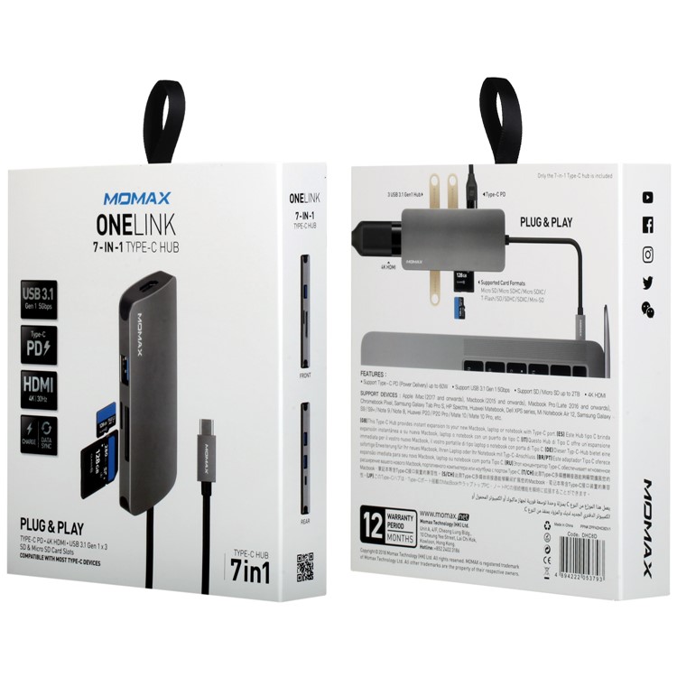 MOMAX One Link 7-in-1 Type-C Hub with 3 USB 3.1 Ports + Type-C PD Charging Port + 4K HDMI Port + TF/SD Card Reader - Grey-17