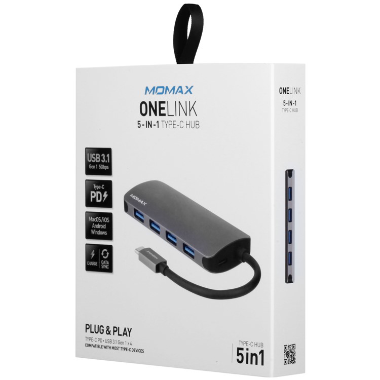 MOMAX One Link 5-in-1 Type-C Hub with 4 USB 3.1 Ports + 60W Type-C PD Charging Port - Grey-14