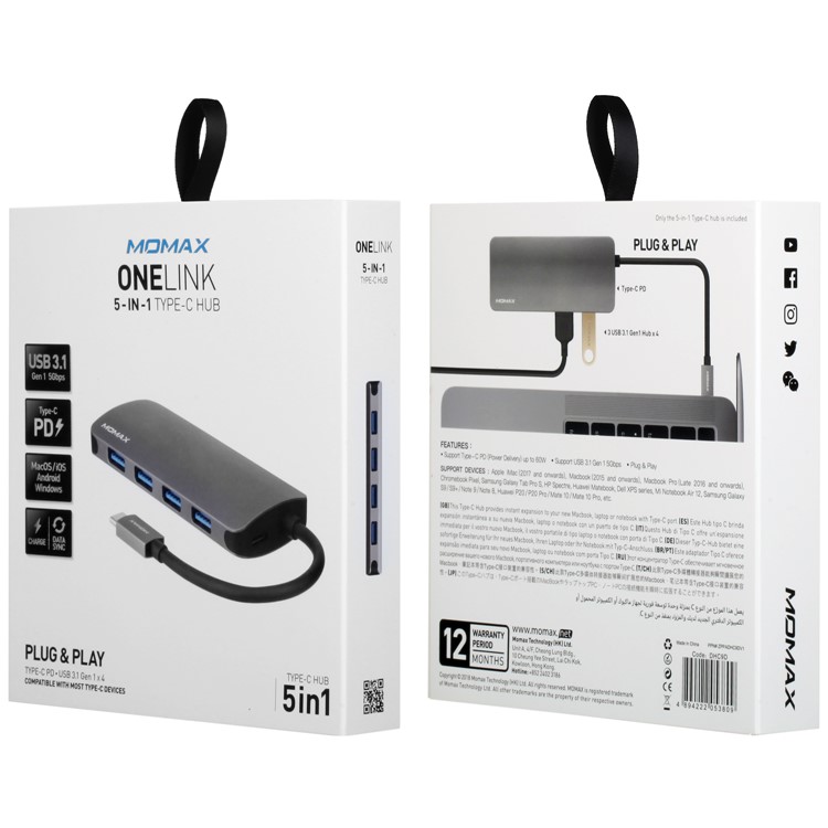 MOMAX One Link 5-in-1 Type-C Hub with 4 USB 3.1 Ports + 60W Type-C PD Charging Port - Grey-15