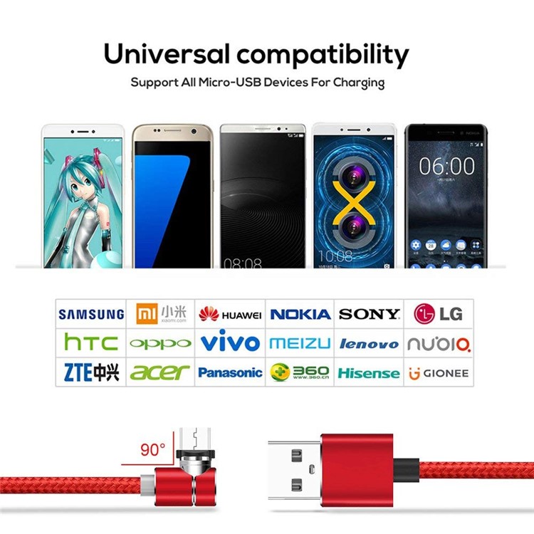 90 Graus L Tipo Micro USB LED Cabo De Carregamento Magnético Cabo Trançado De Nylon 1 M - Vermelho-8