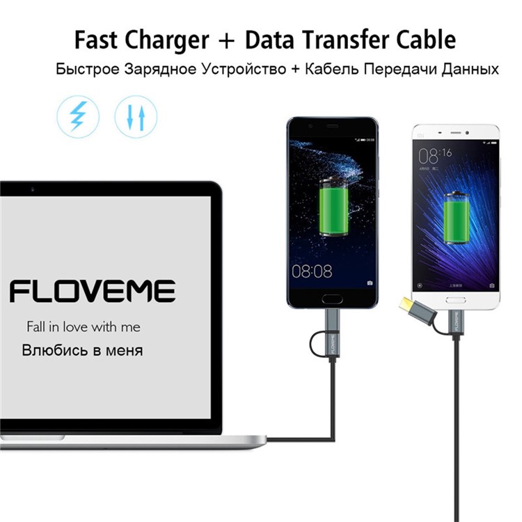 FLOVEME YXF55501 Câble De Recharge Sync Données 2 En 1 Micro USB Type 1 Type QC3.0-5