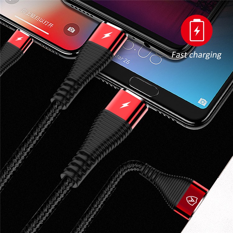 Wholesale AMORUS 1.2m 3in1 Lightning 8 Pin + Micro USB + TypeC Charge Cable Black / Red