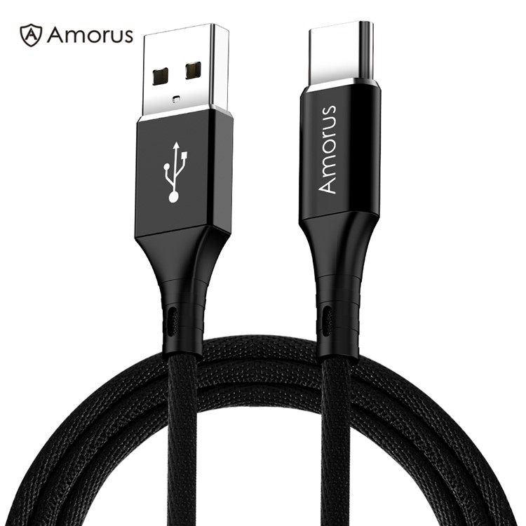 AMORUS 1m 2A Aluminium Alloy Cotton Cloth Braided Type-C Charging Data Cable for Samsung Huawei, etc - Black