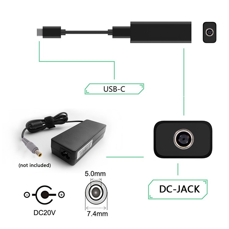 DC 7.4*5.0mm Lenovo Ultra Slim Jack Input to USB-C Type-C Power Plug Charger Cable 45w for MacBook Laptop Phone-15