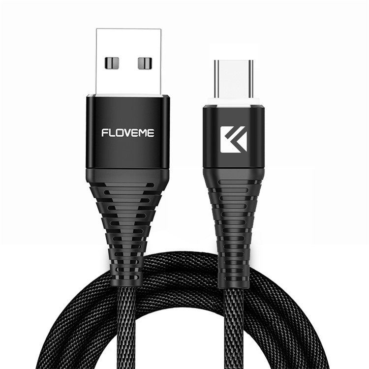 FLOVEME 2.4A Type C USB Data Charging Cable Cord with Cool LED Light - Black