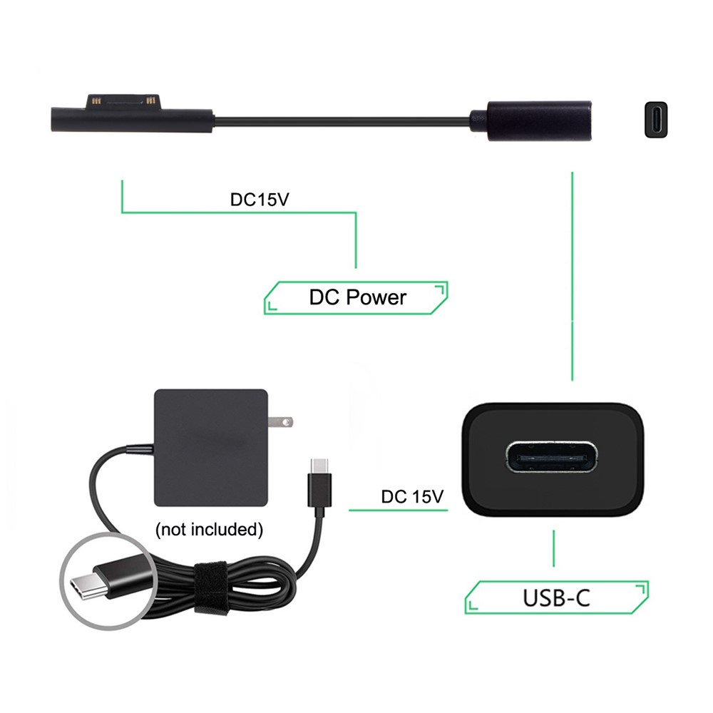 DC 15V Type-C USB-C Female to Surface Pro3 Pro4 Pro5 Pro6 Book Pro Charge Cable-9