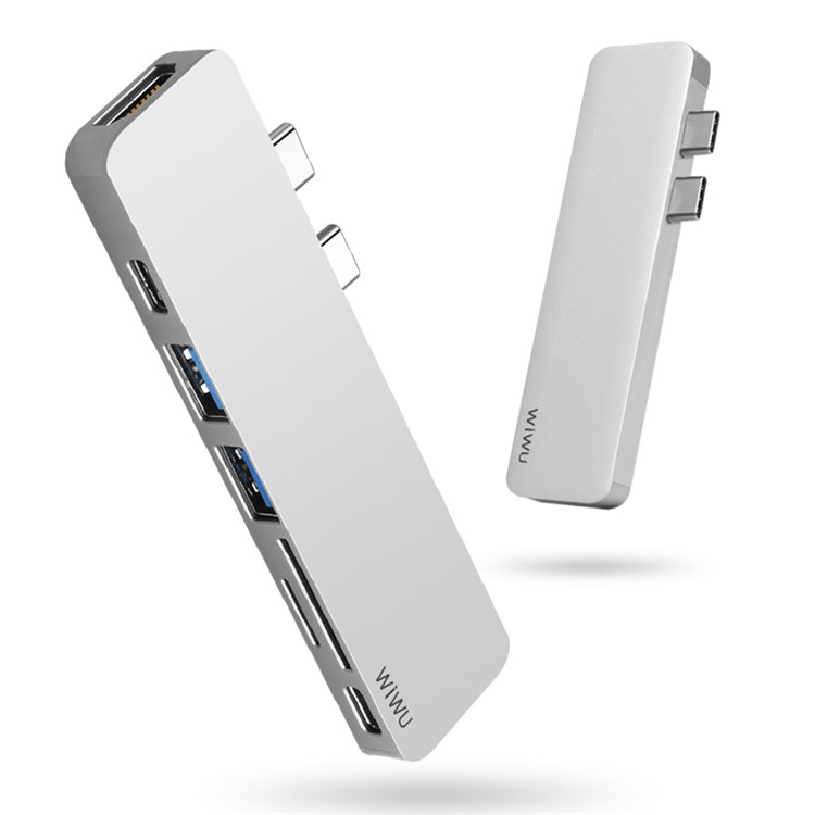 WIWU T8 7-in-1 Type-C Hub Adapter with 2 x USB3.0 + 1 x SD + 1 x TF + 1 x HDMI + 2 x Type-C(PD) Ports - Silver-1