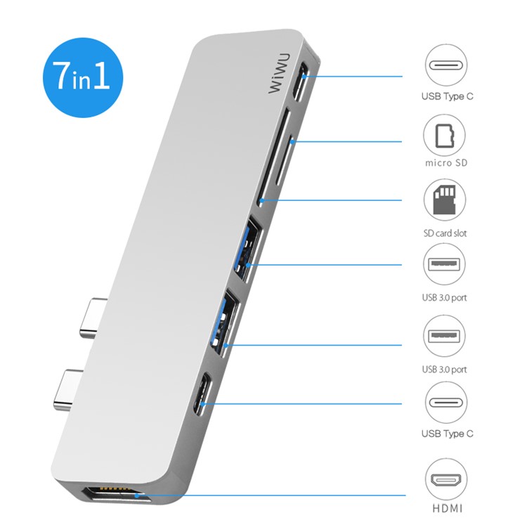 WIWU T8 7-in-1 Type-C Hub Adapter with 2 x USB3.0 + 1 x SD + 1 x TF + 1 x HDMI + 2 x Type-C(PD) Ports - Silver-3