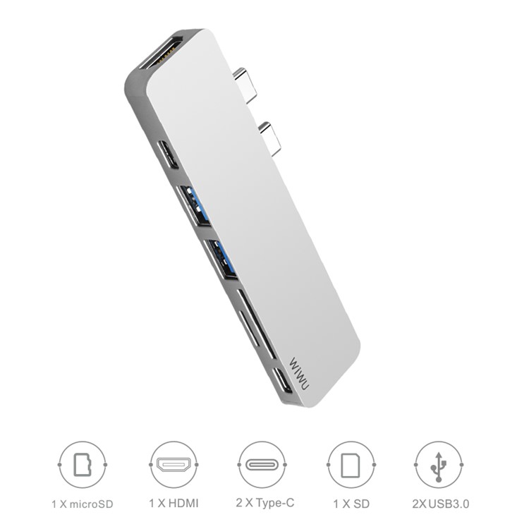 WIWU T8 7-in-1 Type-C Hub Adapter with 2 x USB3.0 + 1 x SD + 1 x TF + 1 x HDMI + 2 x Type-C(PD) Ports - Silver-4