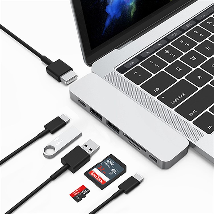WIWU T8 7-in-1 Type-C Hub Adapter with 2 x USB3.0 + 1 x SD + 1 x TF + 1 x HDMI + 2 x Type-C(PD) Ports - Silver-5