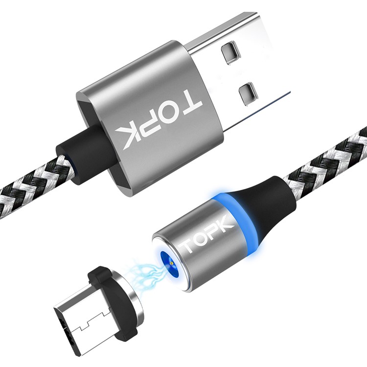 TOPK AM33 360 Degree Round Two-color Nylon Braided Magnetic Micro USB Charging Cable for Samsung Huawei Xiaomi - Grey