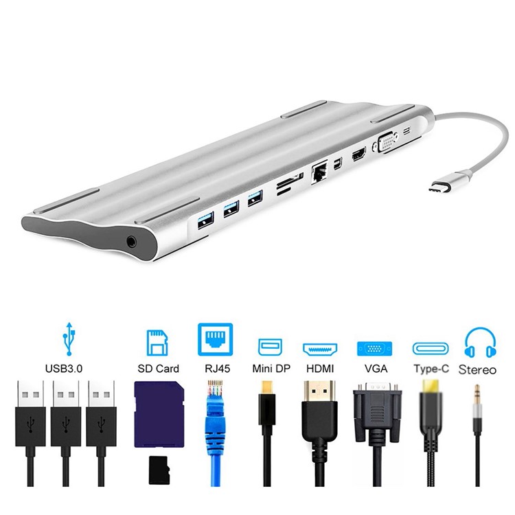 11-in-1 Docking USB-C to VGA HDMI Mini DP DisplayPort Ethernet 3 HUB TF SD Charger Card Reader Adapter-6