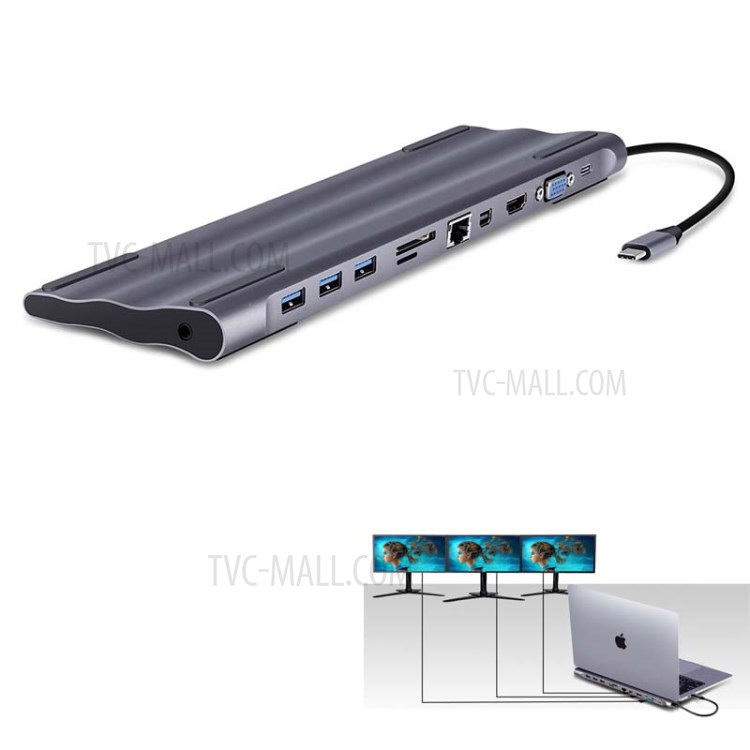 11-in-1 Docking USB-C to VGA HDMI Mini DP DisplayPort Ethernet 3 HUB TF SD Charger Card Reader Adapter - Grey-1