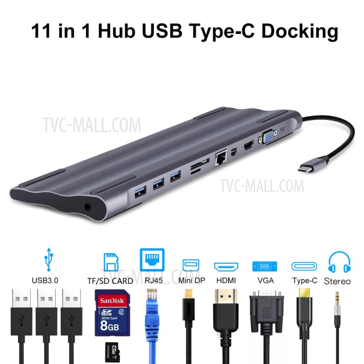 11-in-1 Docking USB-C to VGA HDMI Mini DP DisplayPort Ethernet 3 HUB TF SD Charger Card Reader Adapter - Grey-10