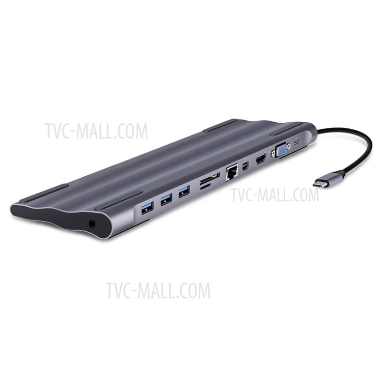 11-in-1 Docking USB-C to VGA HDMI Mini DP DisplayPort Ethernet 3 HUB TF SD Charger Card Reader Adapter - Grey-11