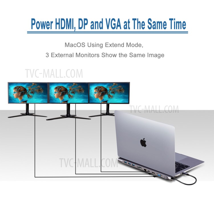 11-in-1 Docking USB-C to VGA HDMI Mini DP DisplayPort Ethernet 3 HUB TF SD Charger Card Reader Adapter - Grey-2