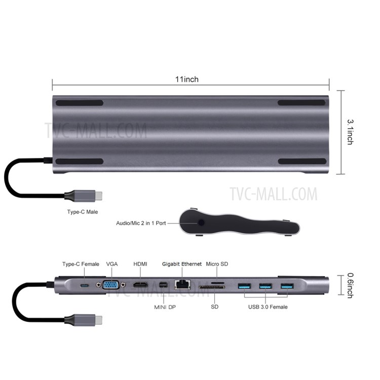 11-in-1 Docking USB-C to VGA HDMI Mini DP DisplayPort Ethernet 3 HUB TF SD Charger Card Reader Adapter - Grey-8