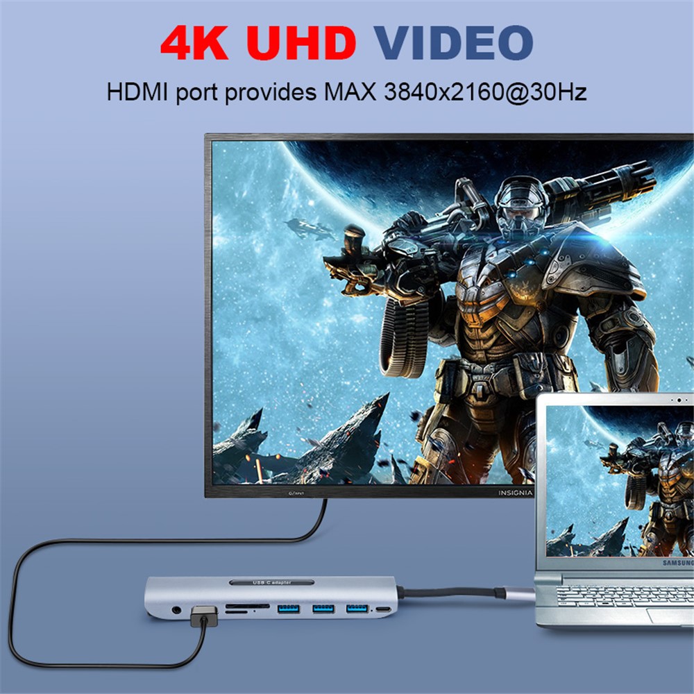 USB C Dock Station Thunderbolt 3 Type-C to HDMI VGA USB TF SD Card with 3.5 AUX Audio Jack HD Converter Adapter for Macbook pro - Silver-4