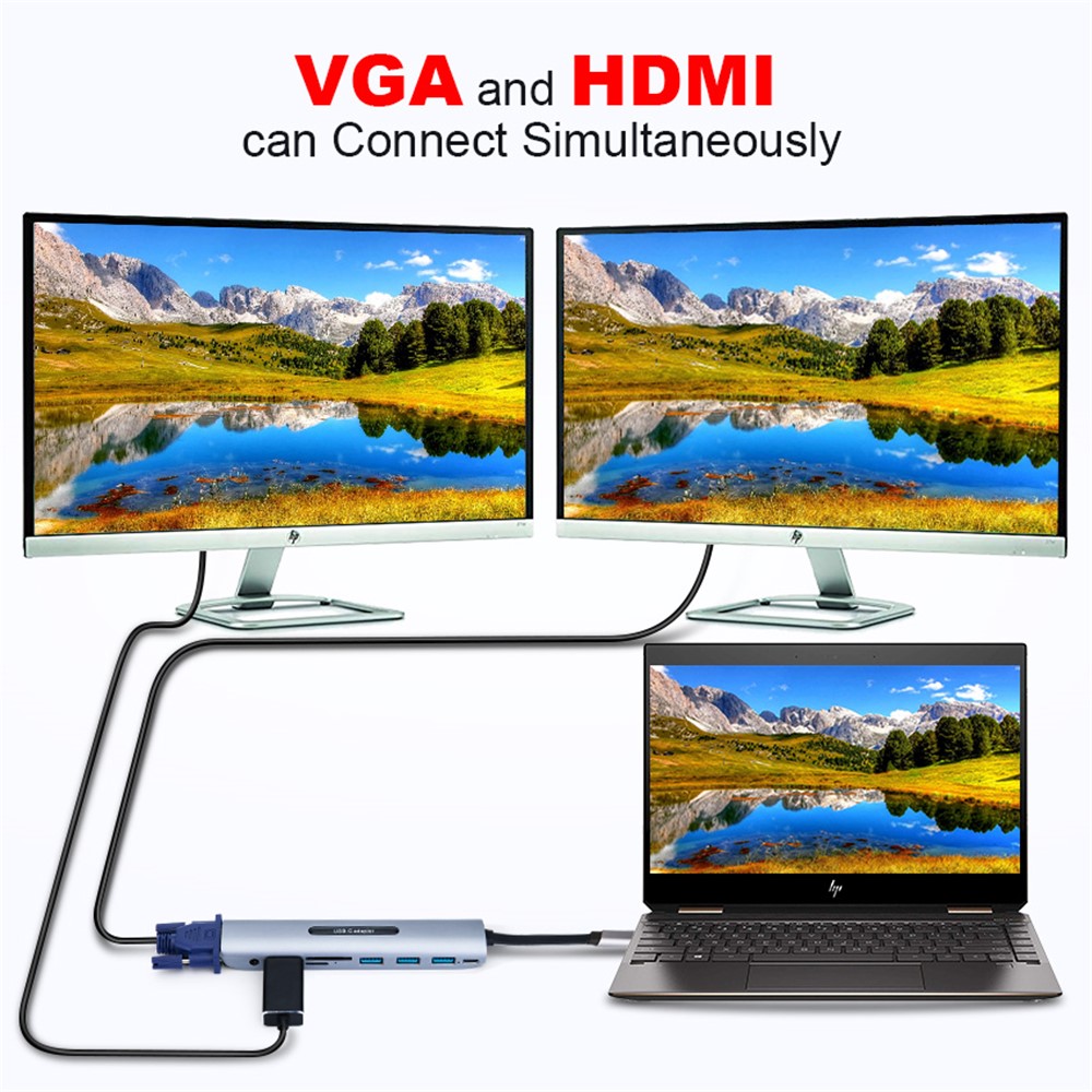 USB C Dock Station Thunderbolt 3 Type-C to HDMI VGA USB TF SD Card with 3.5 AUX Audio Jack HD Converter Adapter for Macbook pro - Silver-5