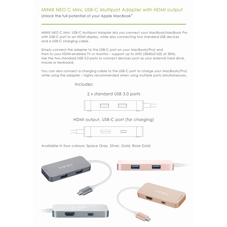 MINIX NEO-C Mini USB-C Multi-port Adapter with HDMI for MacBook and MacBook Pro - Silver Color-6
