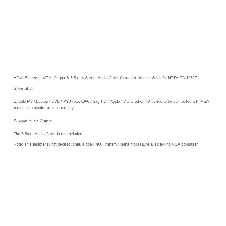 HDMI Source to VGA & 3.5mm Output Converter Cable for HDTV PC 1080P - Silver Shell-15