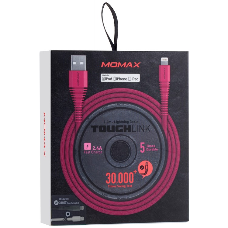 MOMAX MFI 1.2M Woven 2.4A Lightning 8pin Data Sync USB Charge Cable for iPhone iPad iPod - Red-5