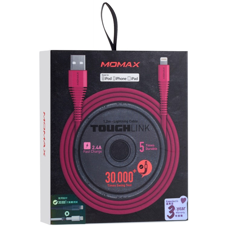 MOMAX MFI 1.2M Woven 2.4A Lightning 8pin Data Sync USB Charge Cable for iPhone iPad iPod - Red-6