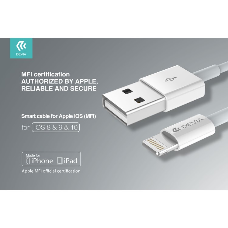 DEVIA MFI Certified 1m 2.4A Lightning 8Pin Mobile Data Charging Cable - White-2
