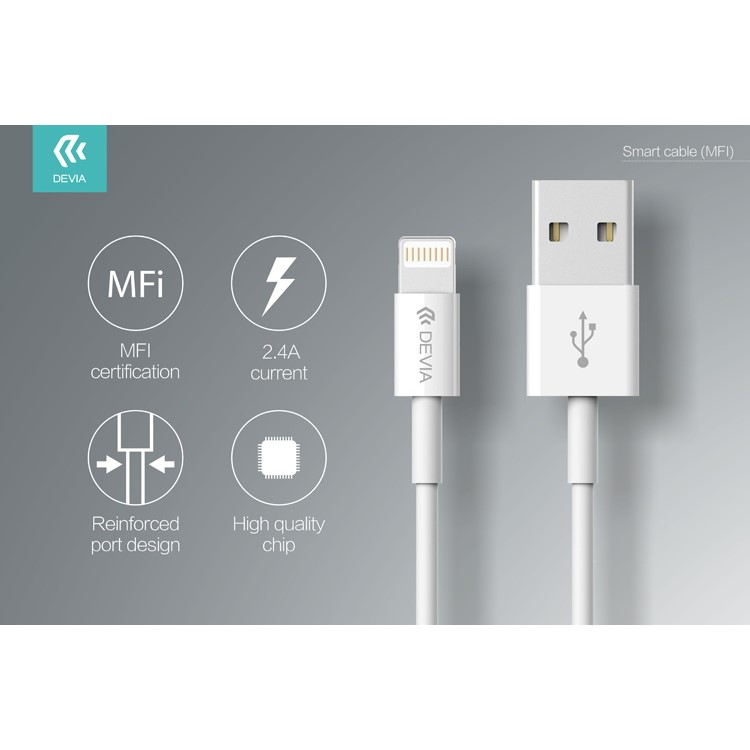 DEVIA MFI Certified 1m 2.4A Lightning 8Pin Mobile Data Charging Cable - White-3