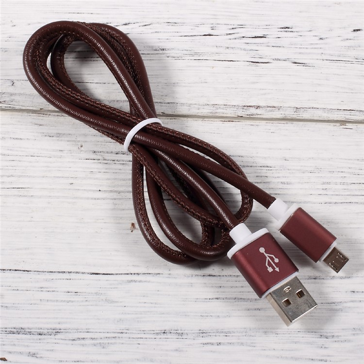 PINZUN 2A Leather Coated Micro USB Charging Data Cable for Samsung HTC LG Huawei - Coffee-1