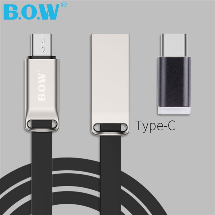 BOW 2.1A Type-C USB TPE Flat Cable Support Fast Charging Data Transmission for Samsung Huawei HTC - Black-1