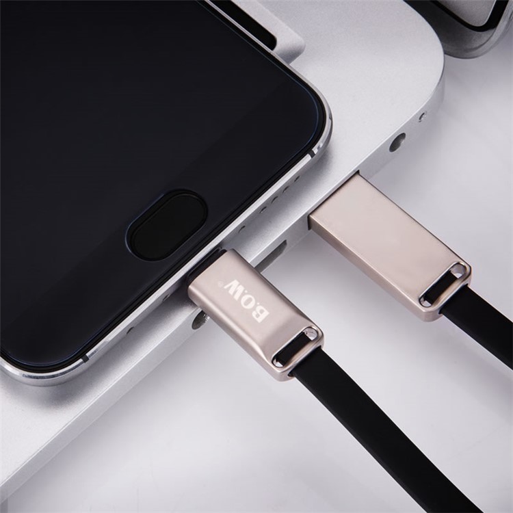 BOW 2.1A Type-C USB TPE Flat Cable Support Fast Charging Data Transmission for Samsung Huawei HTC - Black-2