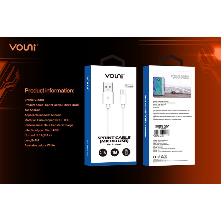 VOUNI Sprint 2.1A 1M Micro USB Data Charging Cable for Huawei P9 Lite (2017)/ Sony Xperia XZs etc - White-5