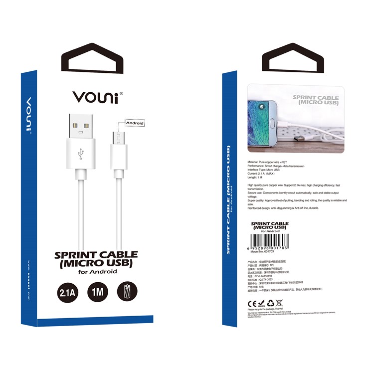VOUNI Sprint 2.1A 1M Micro USB Data Charging Cable for Huawei P9 Lite (2017)/ Sony Xperia XZs etc - White-6