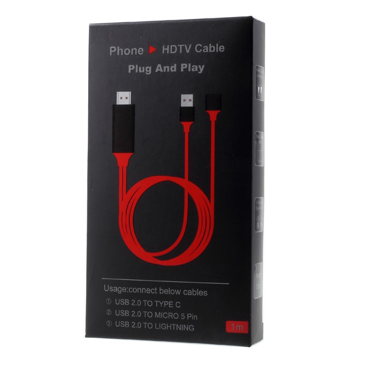 USB+USB USB para HDMI 1080P Cabo de adaptador de saída de vídeo 1M para iPhone Samsung Sony Etc - vermelho-6