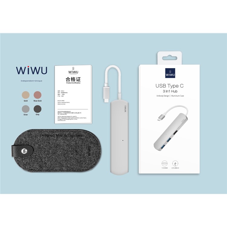 WIWU T3 USB Type C to 2-Port USB 3.0 + HDMI Port Adapter Hub - Grey-2