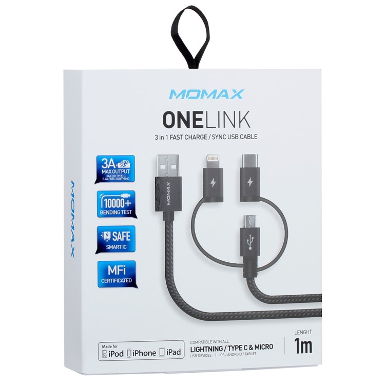 MOMAX MFI 3-in- 1 Type-C + Lightning 8pin + Micro USB Nylon Braided Data Charging Cable 1M - Black-12