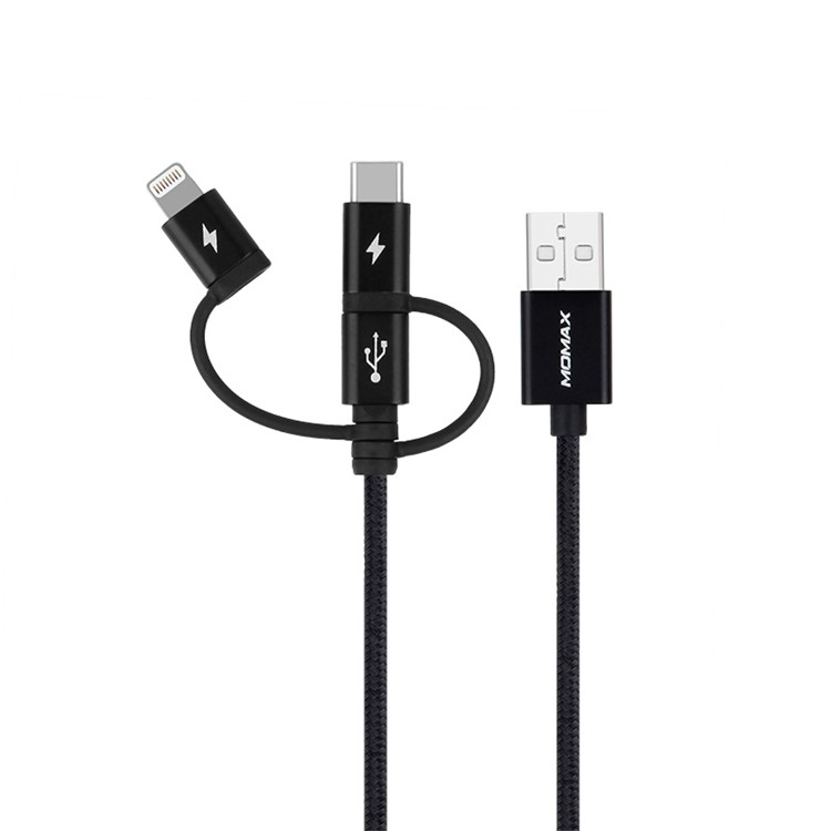 MOMAX MFI 3-in- 1 Type-C + Lightning 8pin + Micro USB Nylon Braided Data Charging Cable 1M - Black-2