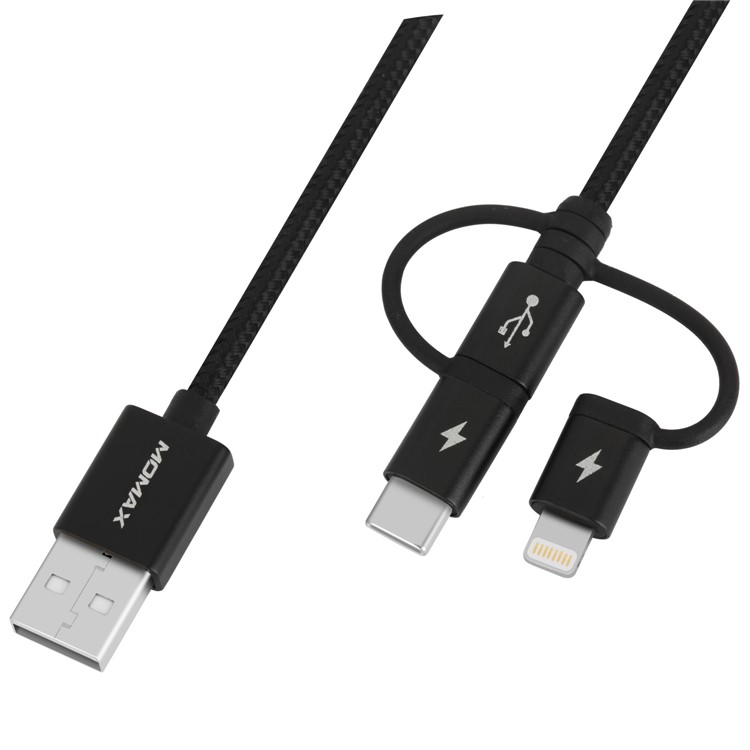 MOMAX MFI 3-in- 1 Type-C + Lightning 8pin + Micro USB Nylon Braided Data Charging Cable 1M - Black-6