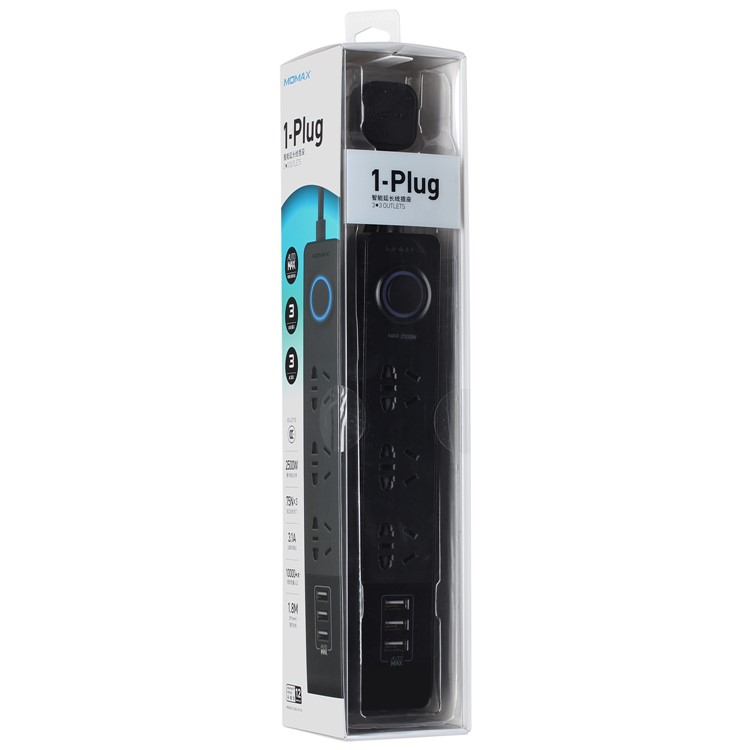 MOMAX 1-Plug 2500W 3 Ground AU Outlets + 3 USB Ports Power Strip with 1.8m Cable - Black / AU Plug-12