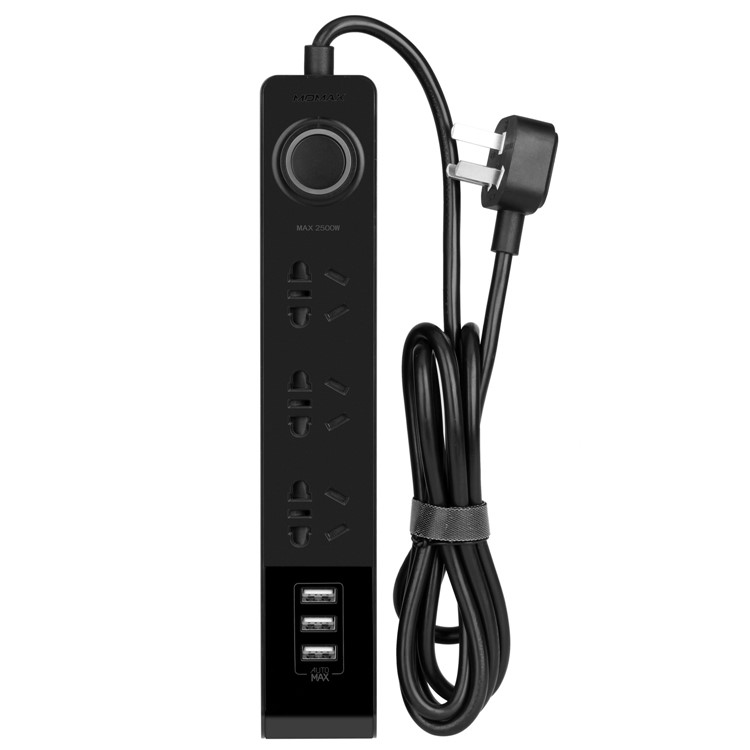 MOMAX 1-Plug 2500W 3 Ground AU Outlets + 3 USB Ports Power Strip with 1.8m Cable - Black / AU Plug-2