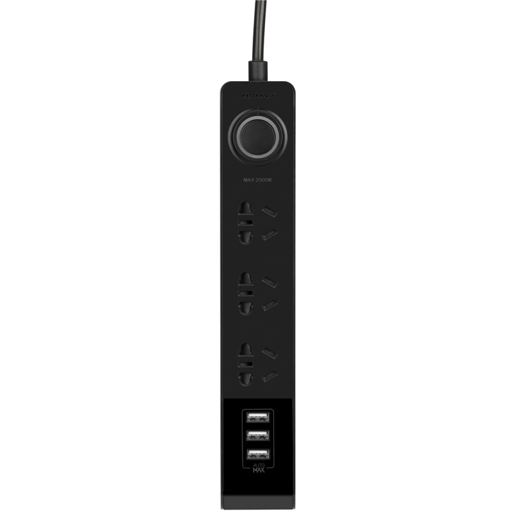 MOMAX 1-Plug 2500W 3 Ground AU Outlets + 3 USB Ports Power Strip with 1.8m Cable - Black / AU Plug-3