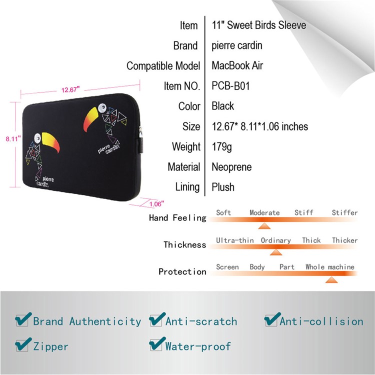 PIERRE CARDIN Sweet Birds Neoprene Waterproof Sleeve Laptop Bag for MacBook 11-inch - Black-8