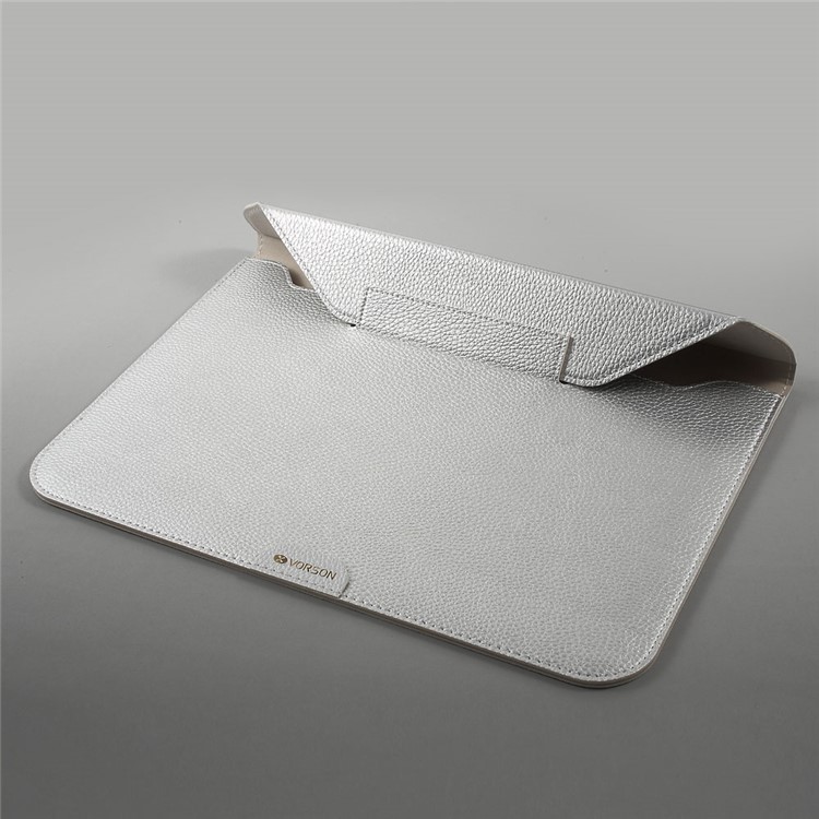 VORSON Litchi Grain Leather Magnetic Pouch Bag for Macbook Air 13.3 inch / iPad Pro 12.9 inch - Silver-6