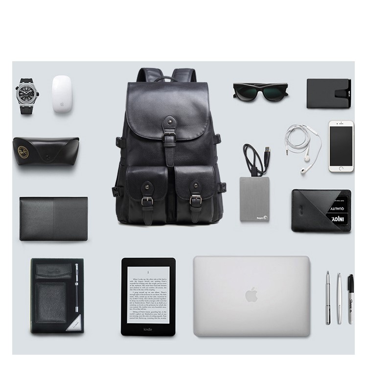EXTEAM Fashion Women Leather Waterproof Laptop Backpack Bag - Black-8