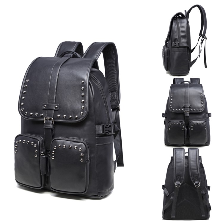 EXTEAM B9598 Rivet PU Leather Laptop Backpack Travel Shoulder School Bag - Black-1