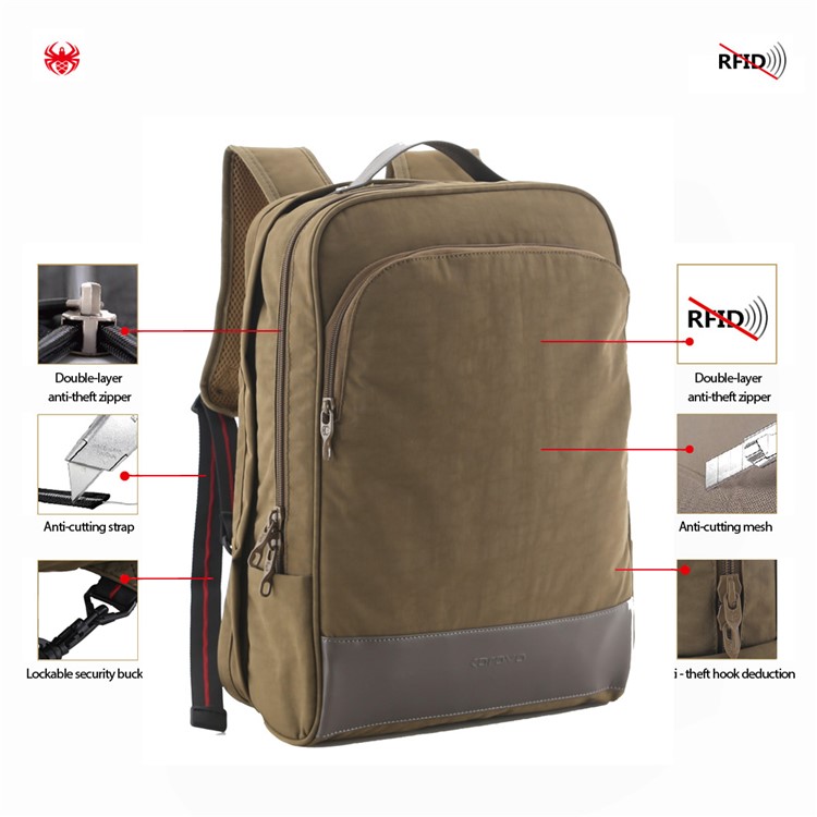 KOROVO Anti-theft Safety Waterproof Nylon Backpack Built-in Anti-Cut Cloth for 15.6-inch Laptop Etc. (B0618) - Khaki-21