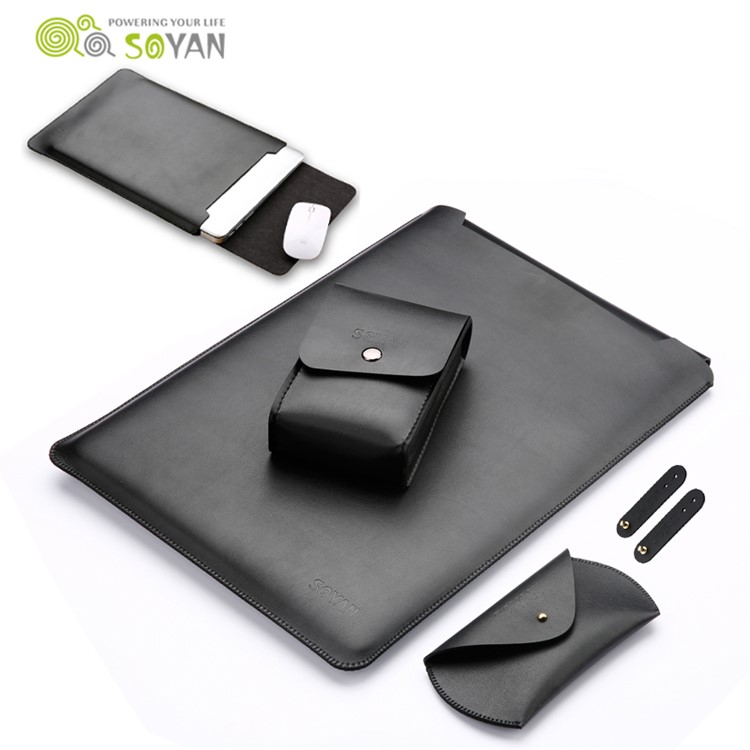 SOYAN Leather Sleeve with Mouse Pad + Power Supply Bag + Mouse Cover + Bobbin Winder for MacBook 12-inch with Retina Display(2015) - Black-1