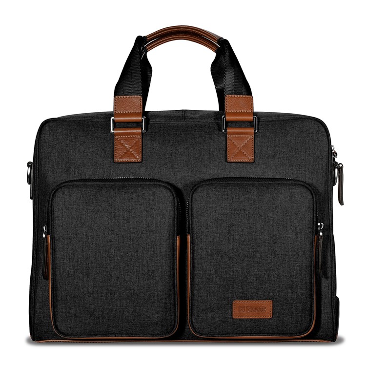 ICARER Fabric and Genuine Leather Business Handbag Briefcase Shoulder Bag Laptop Bag - Black-1